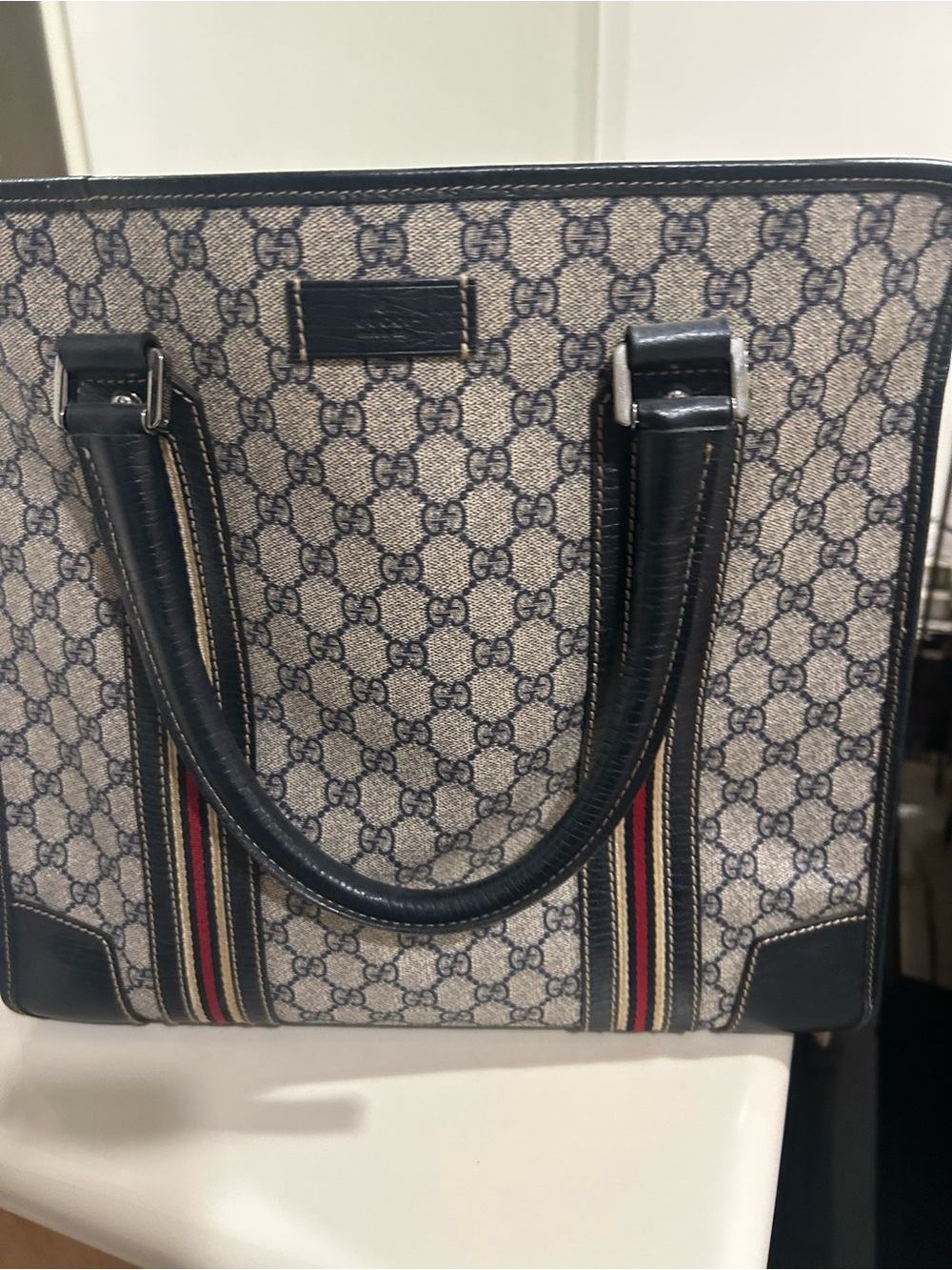 GUCCI Vintage Monogram Canvas Tote Bag in Navy and Beige